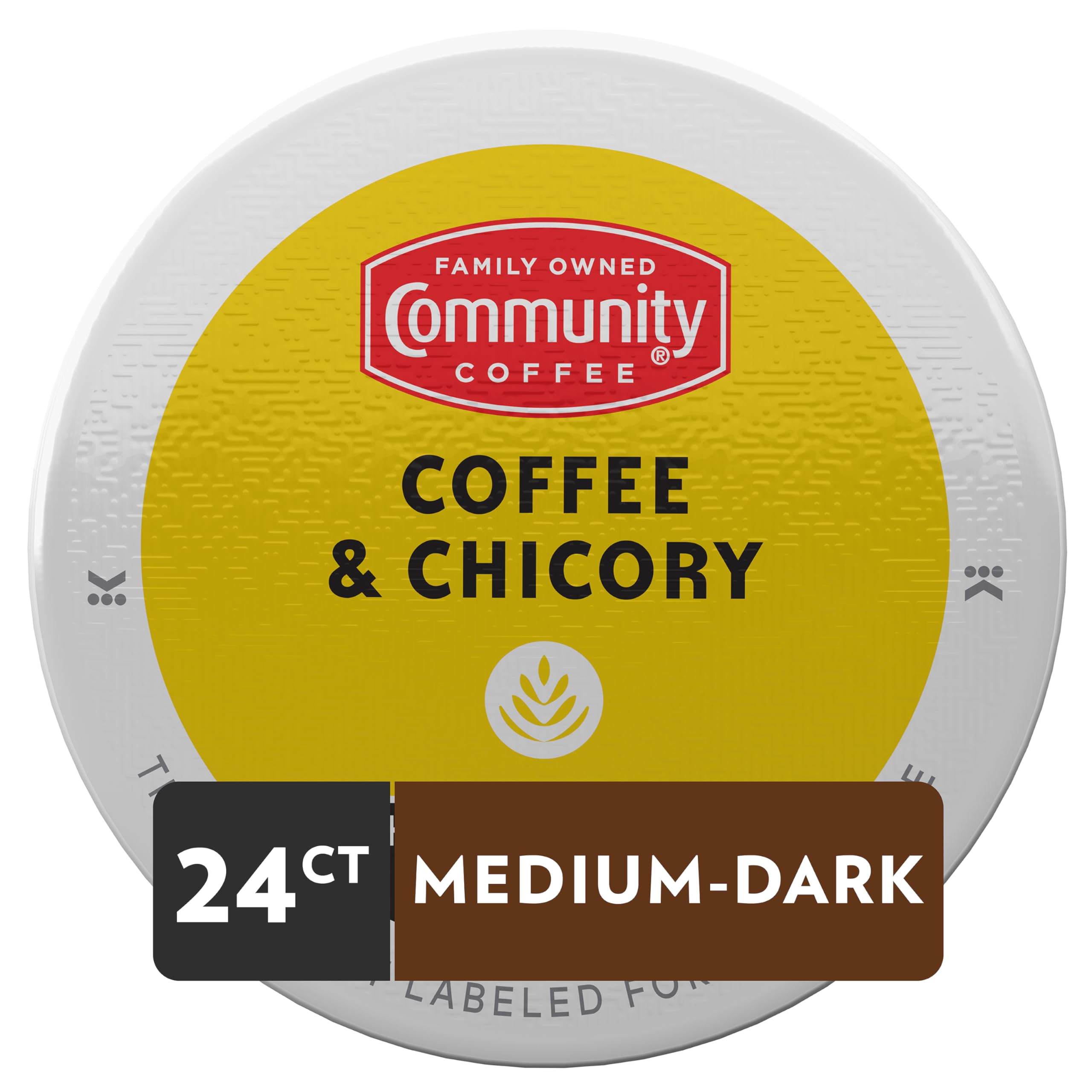 Community Coffee Chicory K-Cup pods with a steaming cup, delivering a bold, balanced flavor.