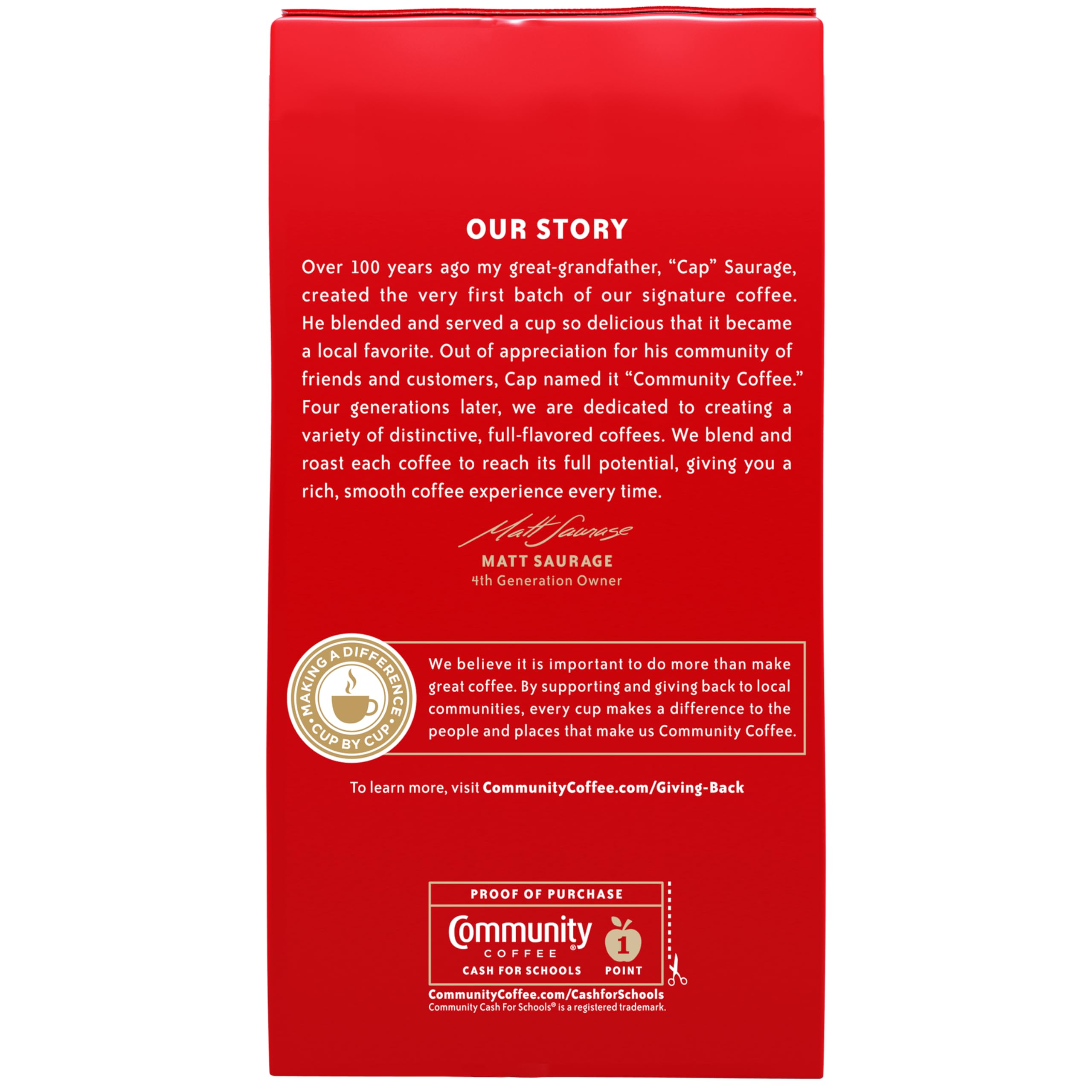Community Coffee Coffee and Chicory bag back highlights sustainable sourcing and roast notes