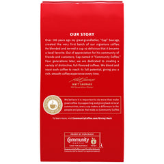 Community Coffee Coffee and Chicory bag back highlights sustainable sourcing and roast notes