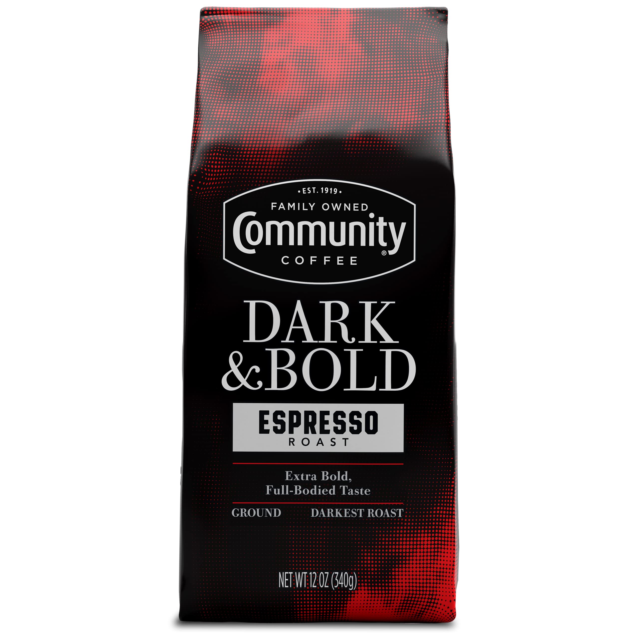 Community Coffee Dark Bold Espresso Roast bag for bold brewing.