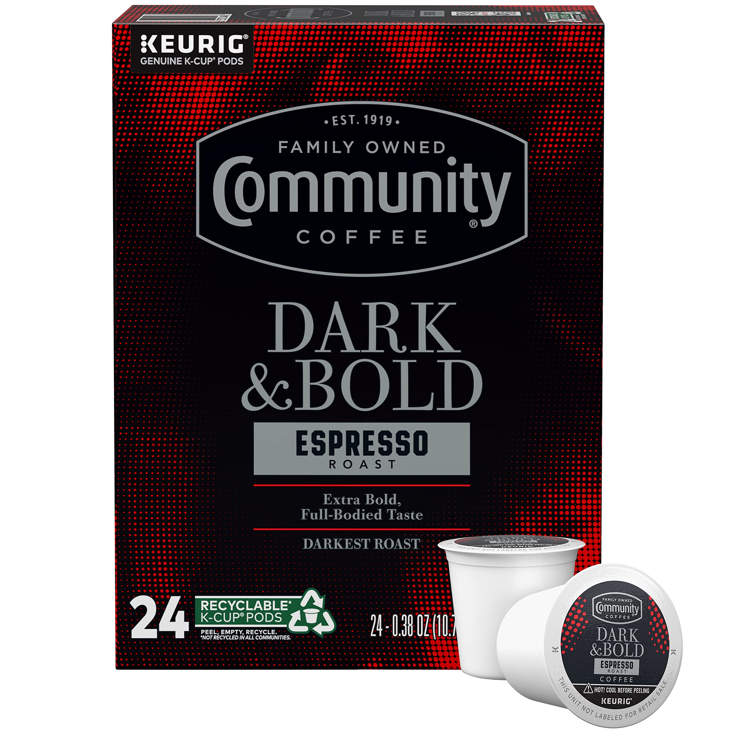 Community Coffee Dark & Bold Espresso Roast pod delivers a bold aroma for busy mornings.