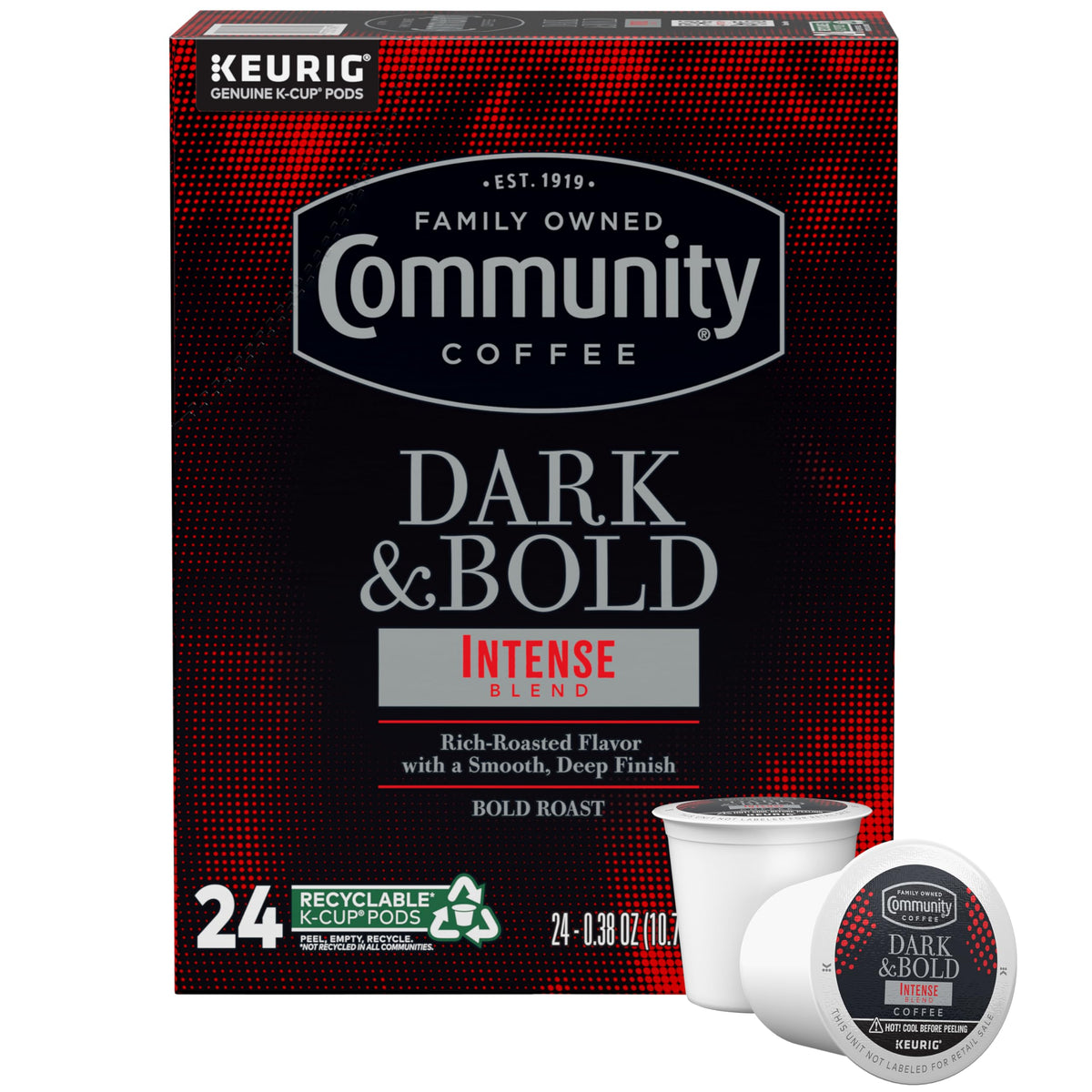 Community Coffee Dark & Bold Intense Blend pod for a bold morning boost.