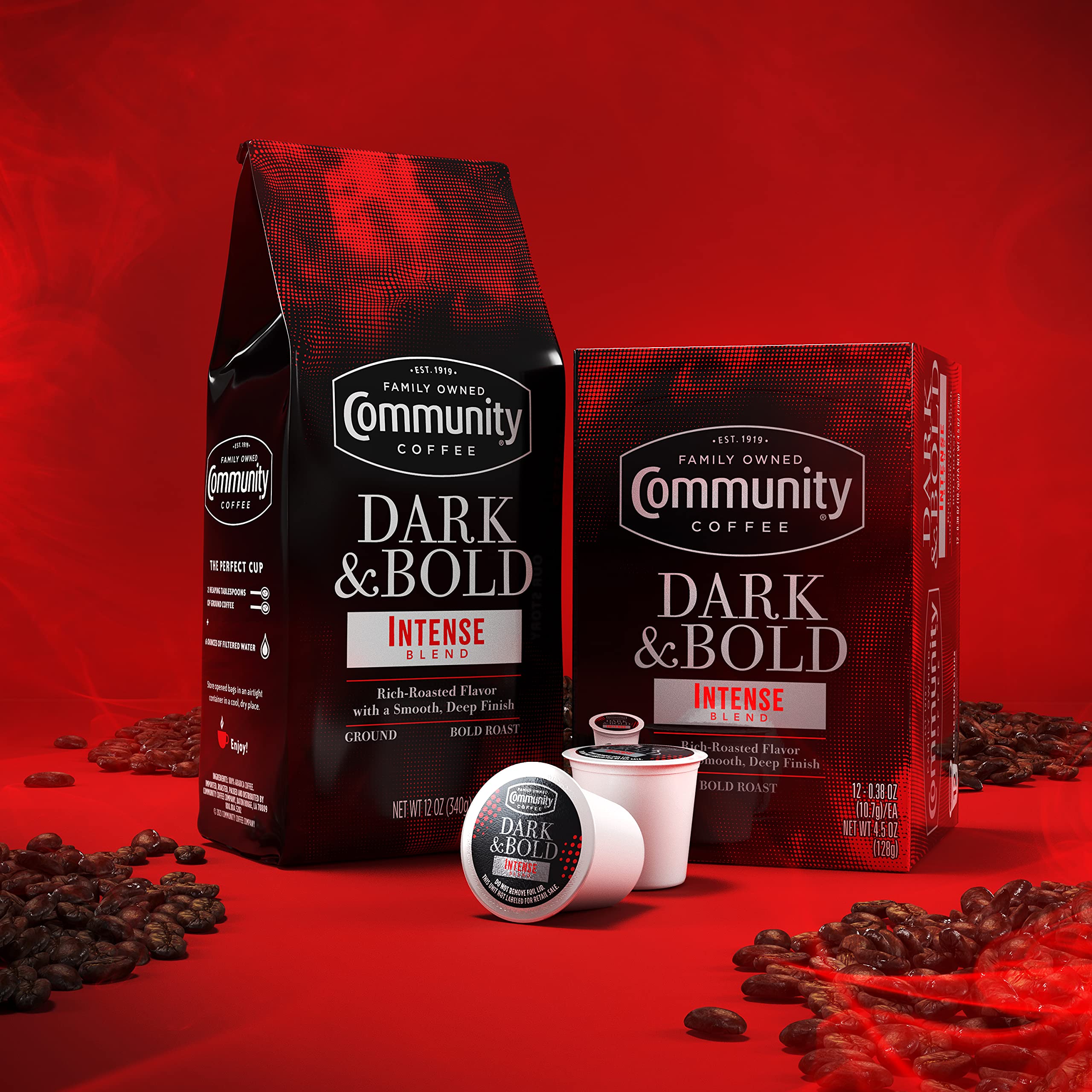 Community Coffee Dark & Bold Intense Blend pour-over ready ground coffee for precise extraction.