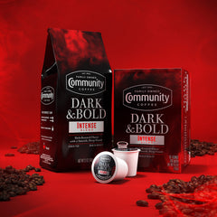Community Coffee Dark & Bold Intense Blend pour-over ready ground coffee for precise extraction.