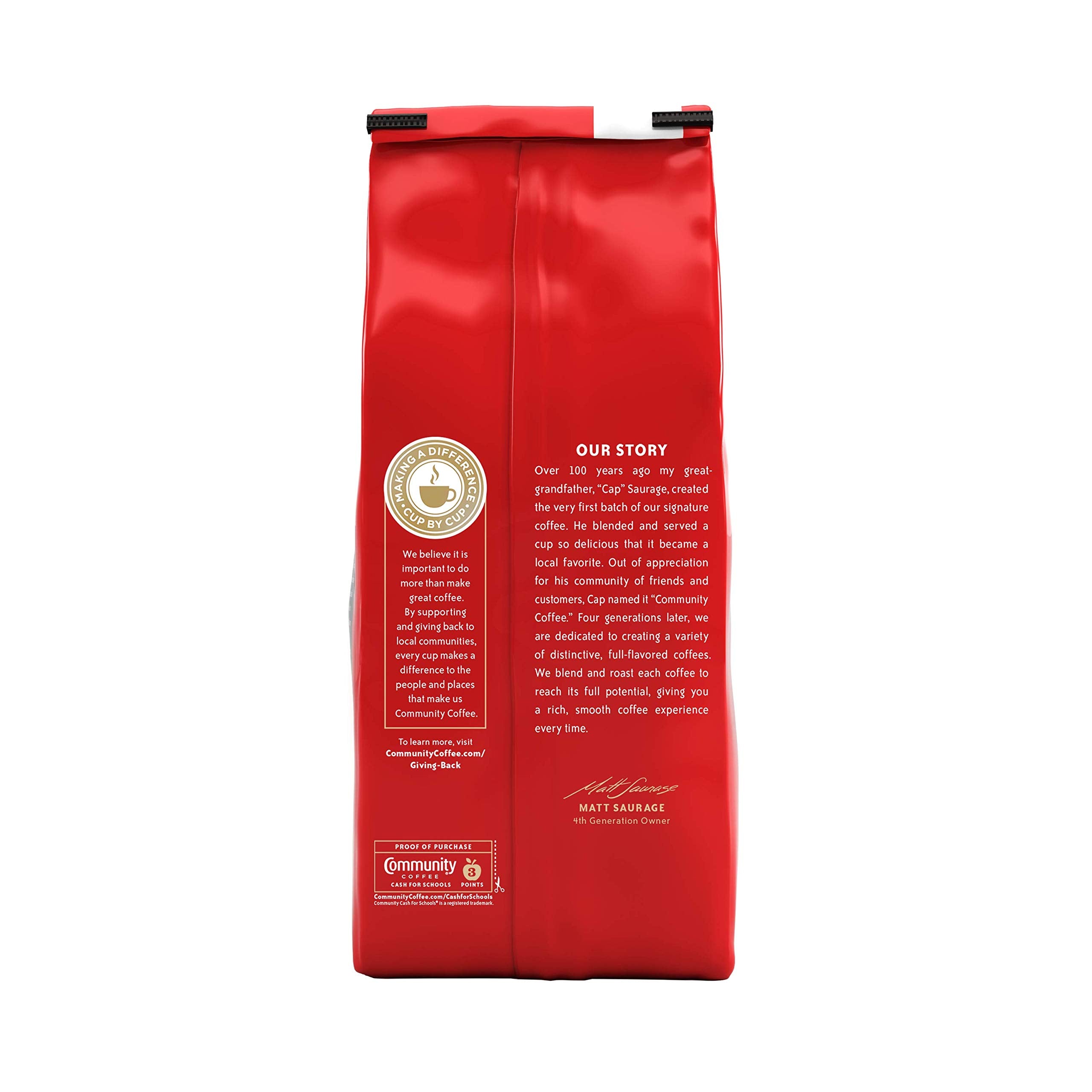 Community Coffee ground coffee medium-dark roast close-up highlighting full body flavor.