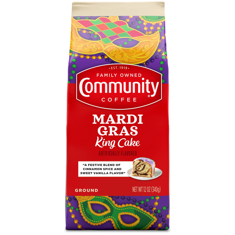 Community Coffee Mardi Gras King Cake ground coffee bag, premium Arabica for rich flavor.