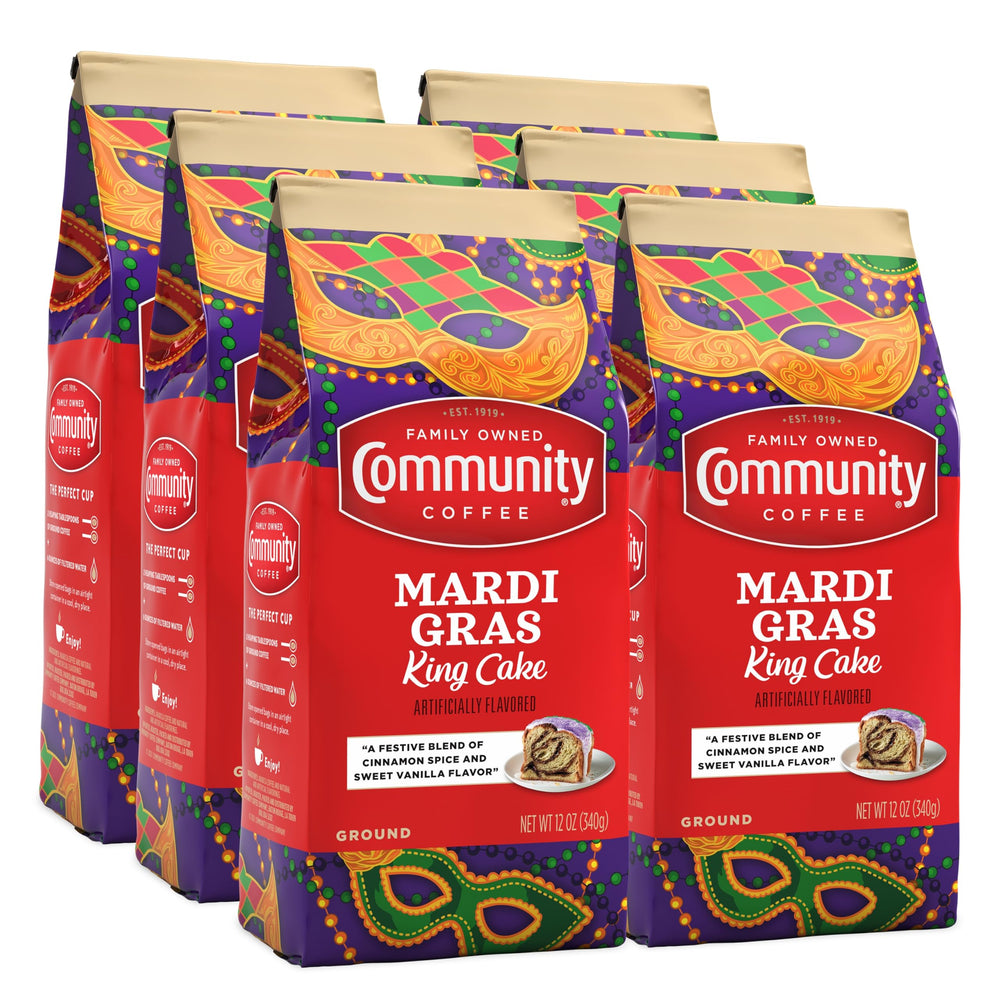 Community Coffee Mardi Gras King Cake ground coffee pack ready for drip brewing