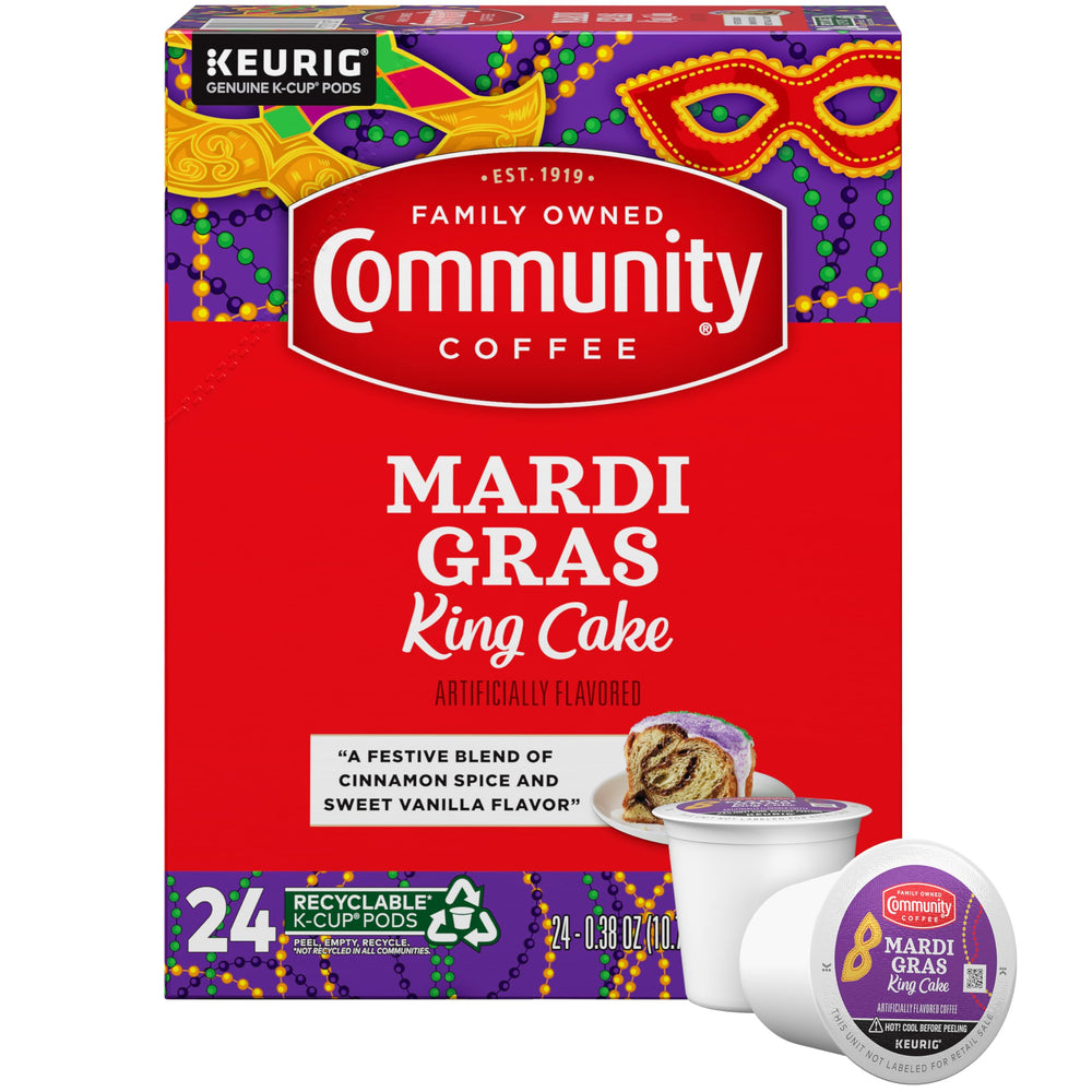 Community Coffee Mardi Gras King Cake pods ready for a quick morning brew.
