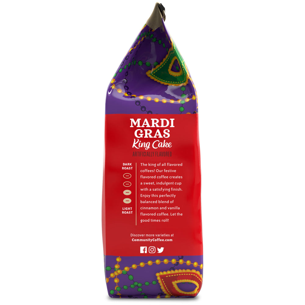 Community Coffee Mardi Gras King Cake steaming cup, perfect for a comforting morning.
