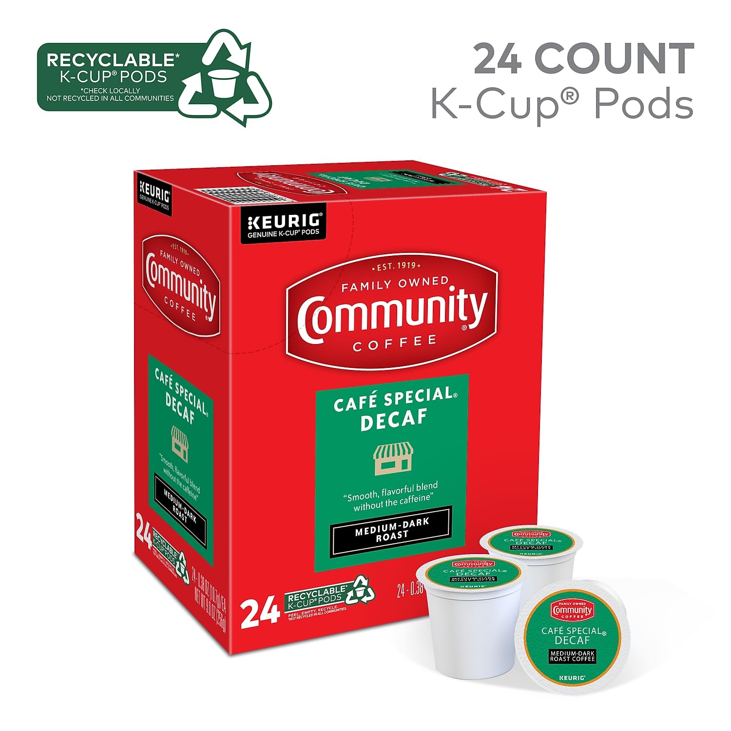 Community Coffee Cafe Special Decaf roast—medium-dark, rich taste without caffeine.