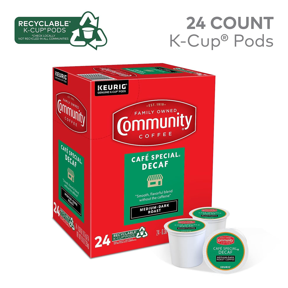 Community Coffee Cafe Special Decaf roast—medium-dark, rich taste without caffeine.