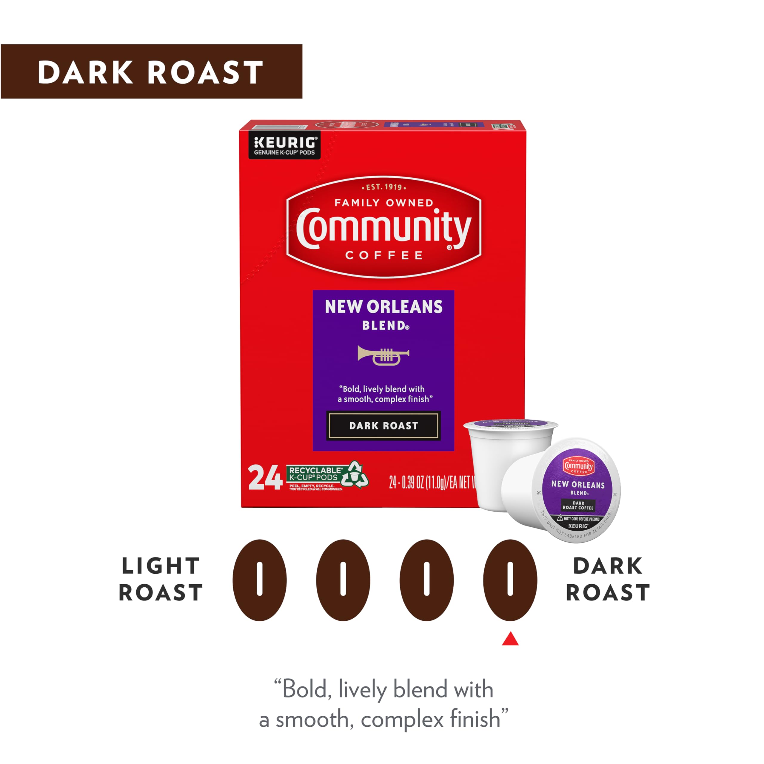 Keurig brewer with Community Coffee New Orleans Blend pod for quick, reliable flavor.
