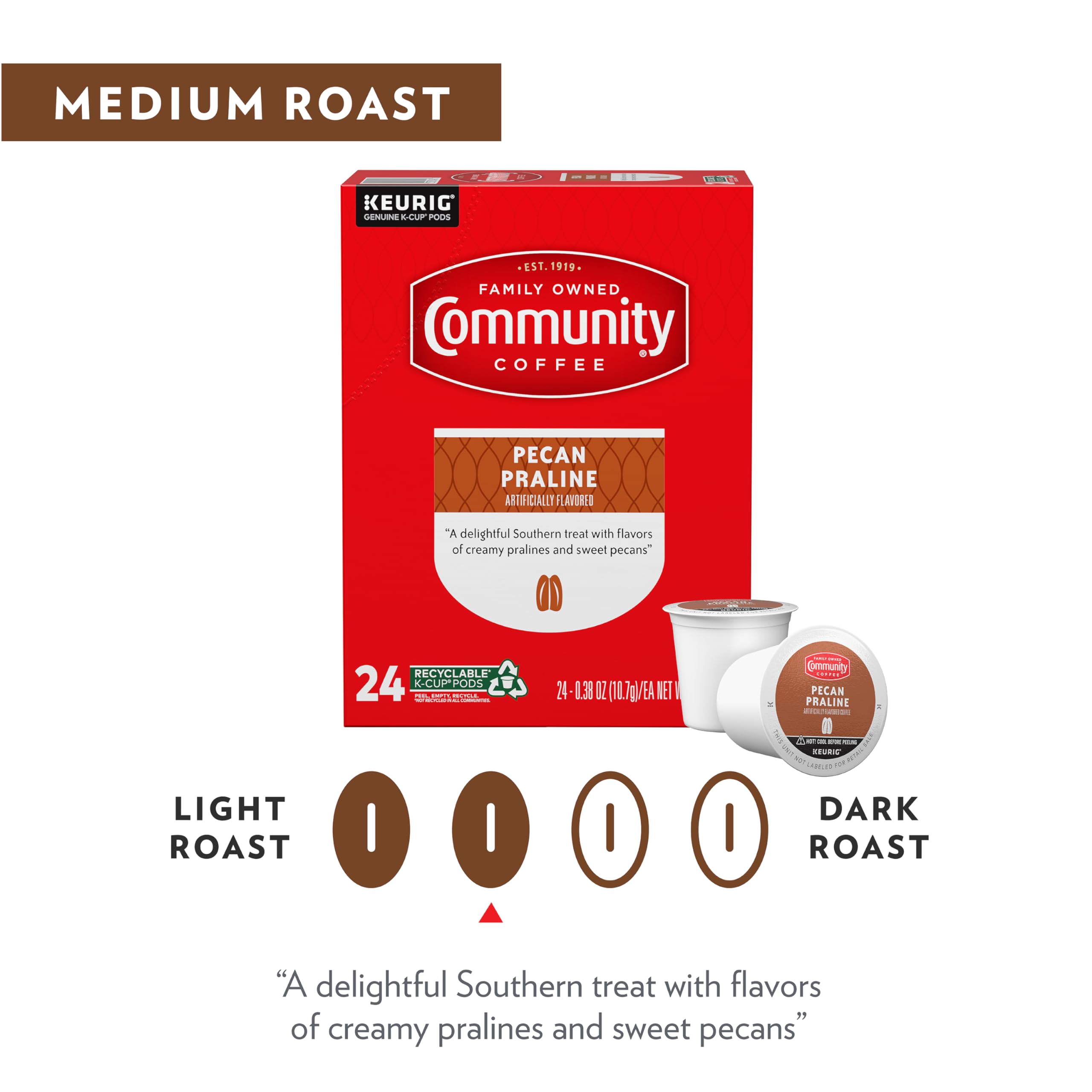 Community Coffee Pecan Praline beans captured for aroma-rich mornings.
