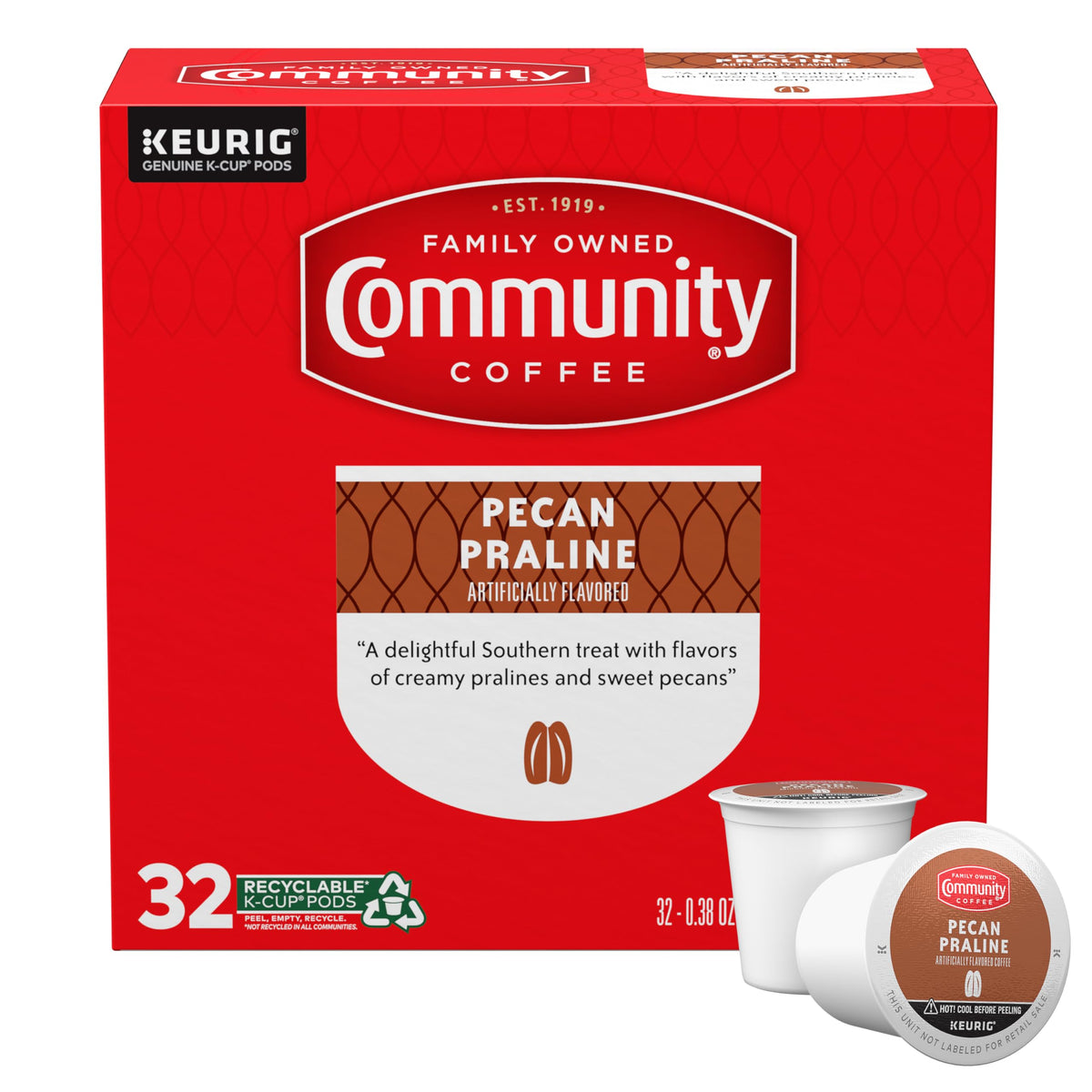 Community Coffee Pecan Praline pod front view for easy single-serve mornings.