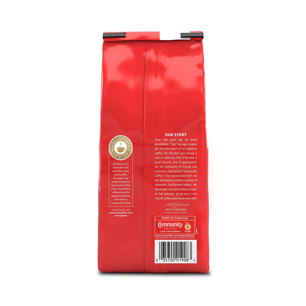 Community Coffee pecan praline flavored Arabica beans highlight flavor notes