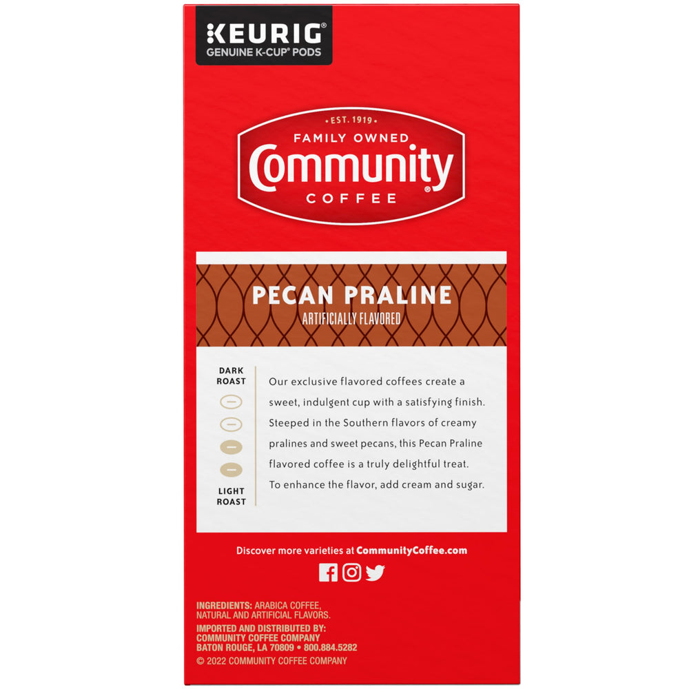 Community Coffee Pecan Praline K-Cup stack suggesting reliability.