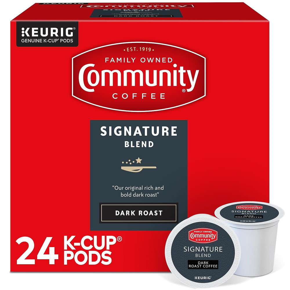 Community Coffee Signature Blend 24-count pods for Keurig, delivering a bold dark roast.