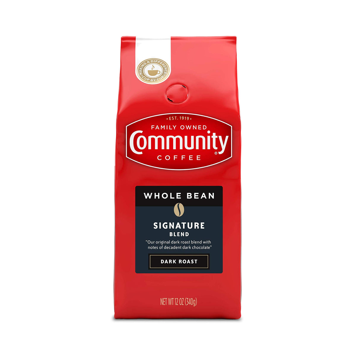 Community Coffee Signature Blend bag with rich dark roast aroma for home brewing.