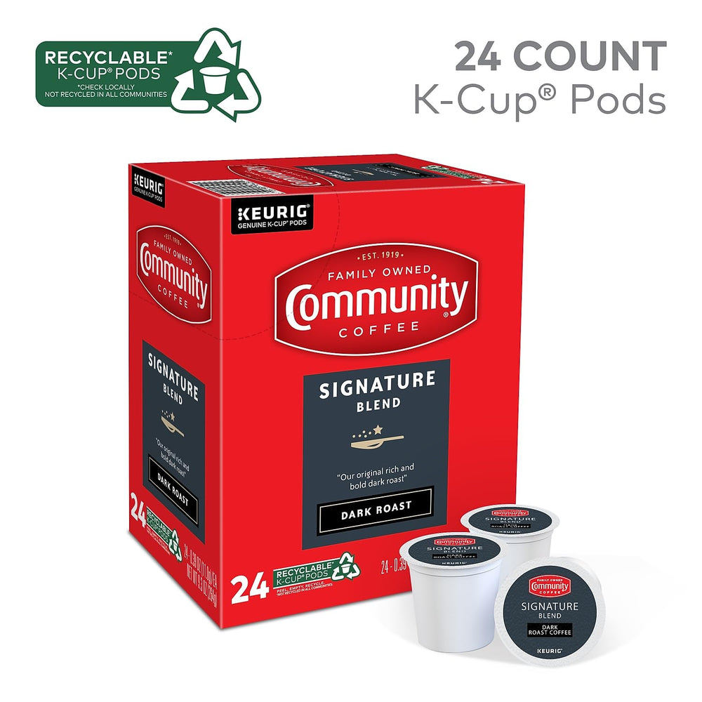 Community Coffee Signature Blend dark roast cup highlights rich aroma and smooth, full-bodied flavor.