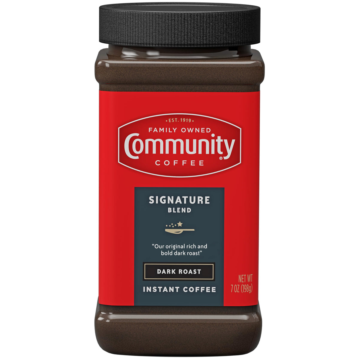Community Coffee Signature Blend Instant Jar ready for a quick, smooth dark roast experience
