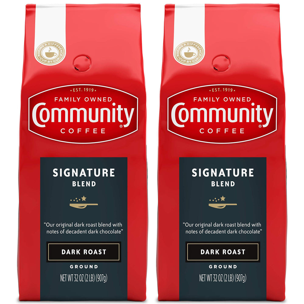 Community Coffee Signature Blend 2-pack ground coffee bags ready for home brewing.