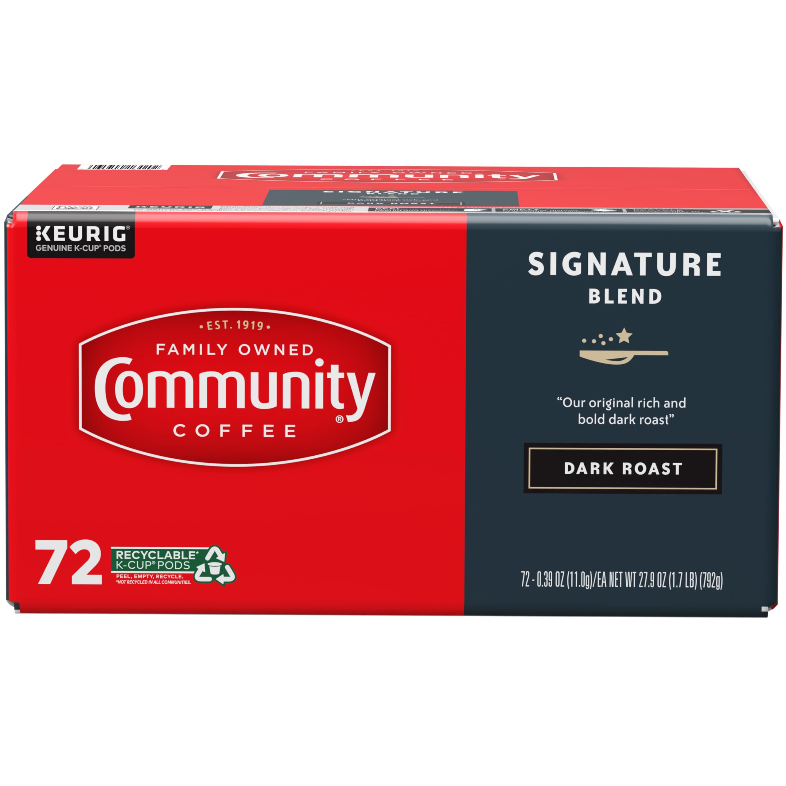 Community Coffee Signature Blend packaging label emphasizing heritage and quality.