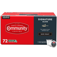 Community Coffee Signature Blend pods in a box for convenient single-serve mornings.