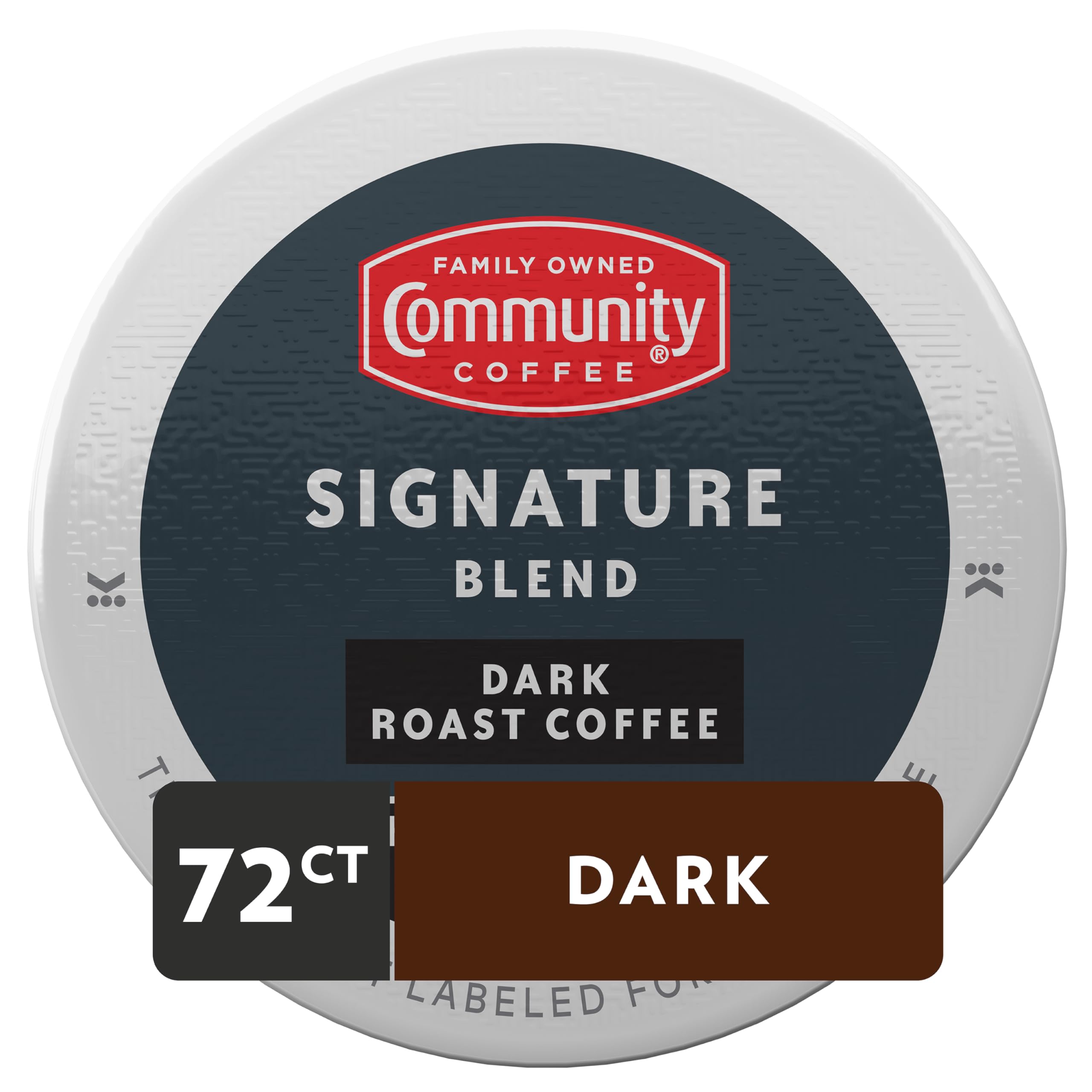 Community Coffee Signature Blend pods closeup—rich dark roast aroma ready to brew.