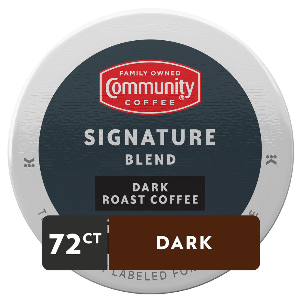 Community Coffee Signature Blend pods closeup—rich dark roast aroma ready to brew.