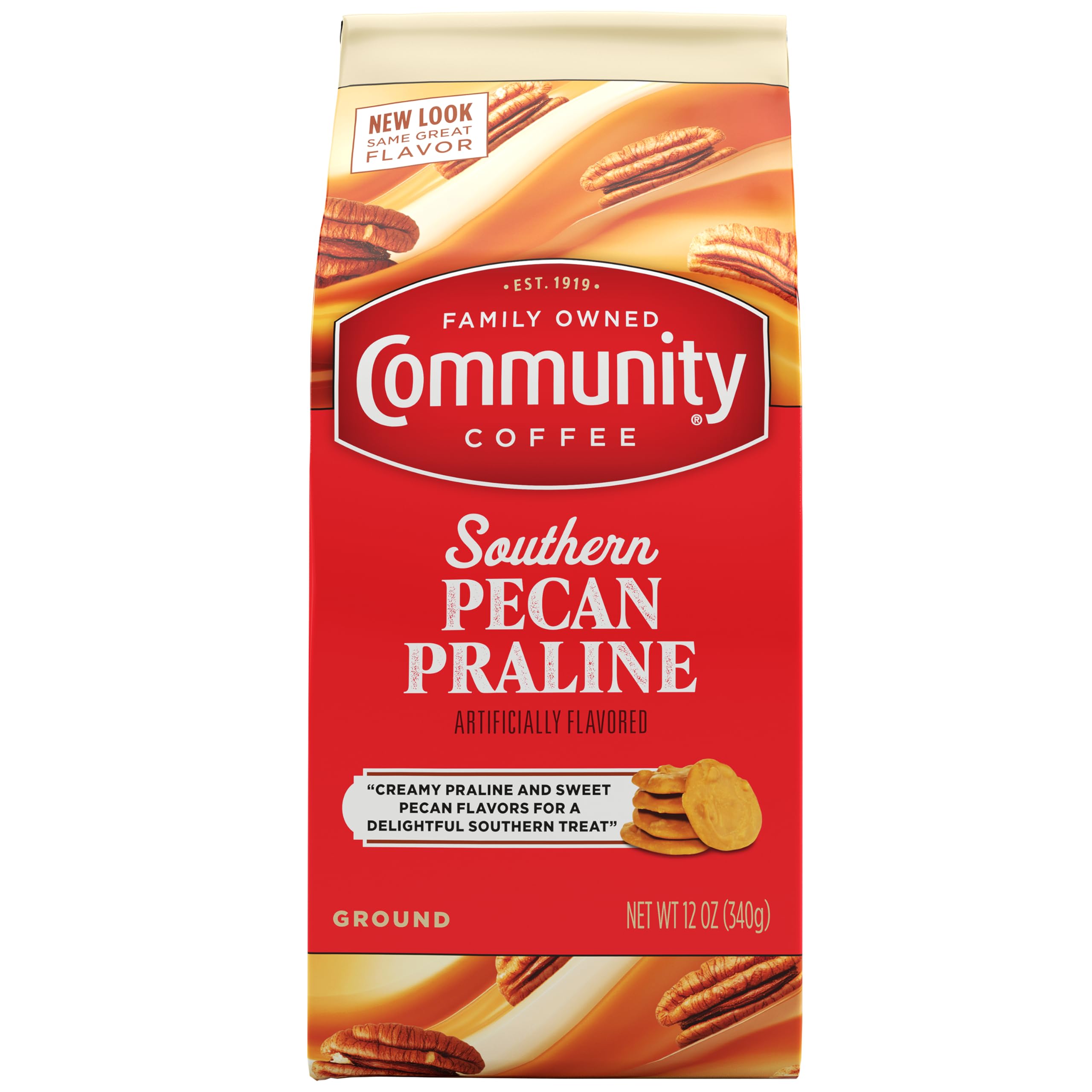 Community Coffee Southern Pecan Praline coffee bag ready for home brewing.