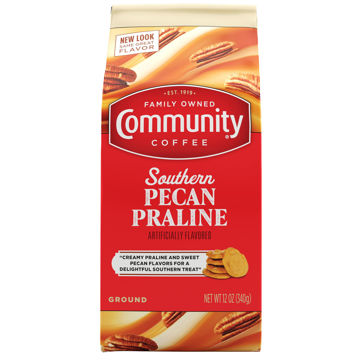 Community Coffee Southern Pecan Praline coffee bag ready for home brewing.