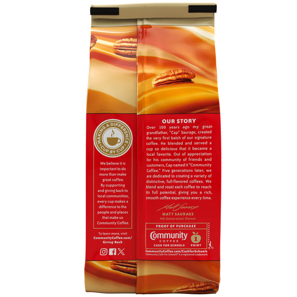 Community Coffee Southern Pecan Praline ground coffee with measuring spoon.