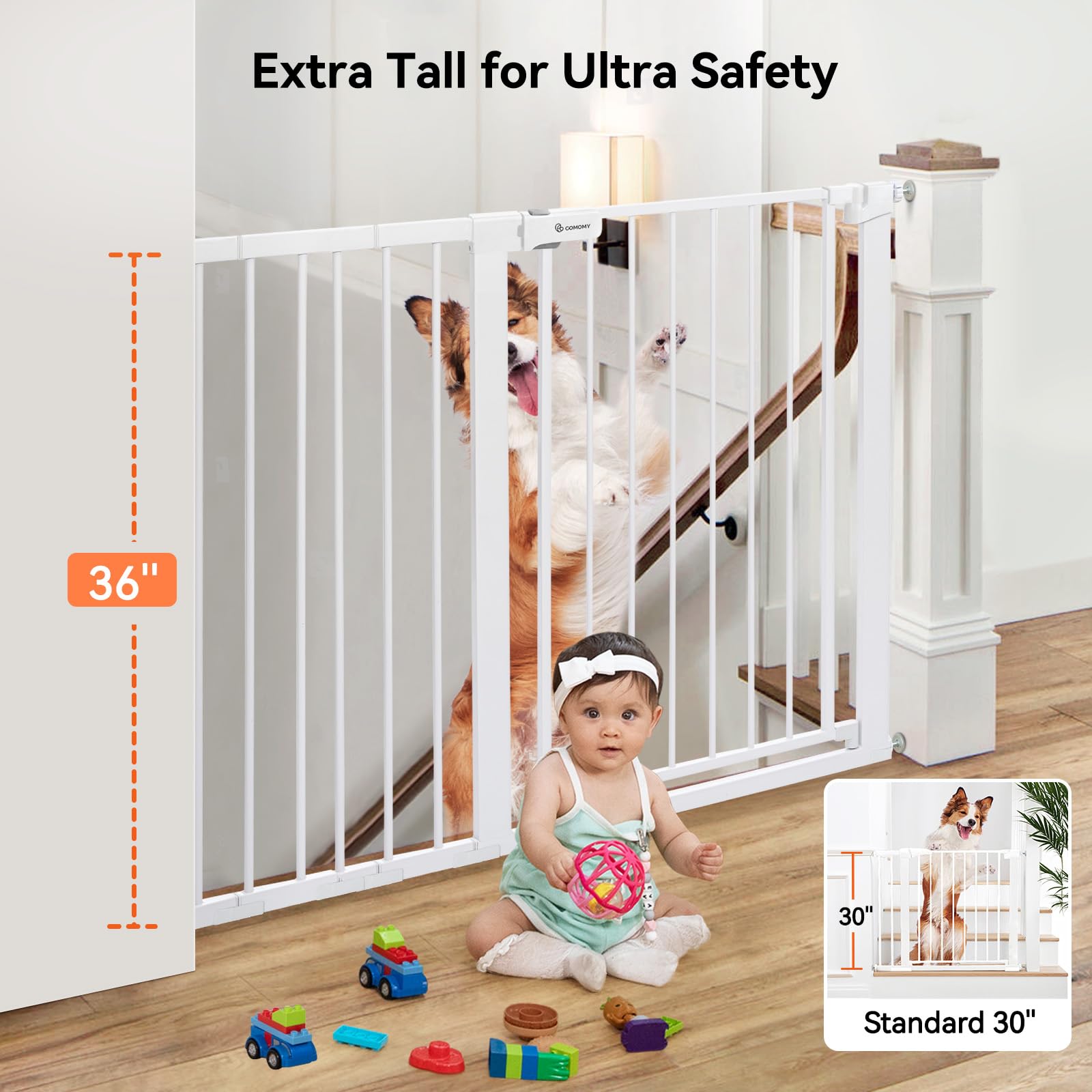 COMOMY 36-inch gate open with 23.6-inch walk-through for easy passage.