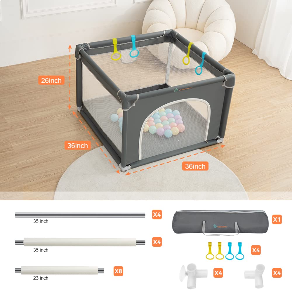 COMOMY playpen includes a portable storage bag for travel.