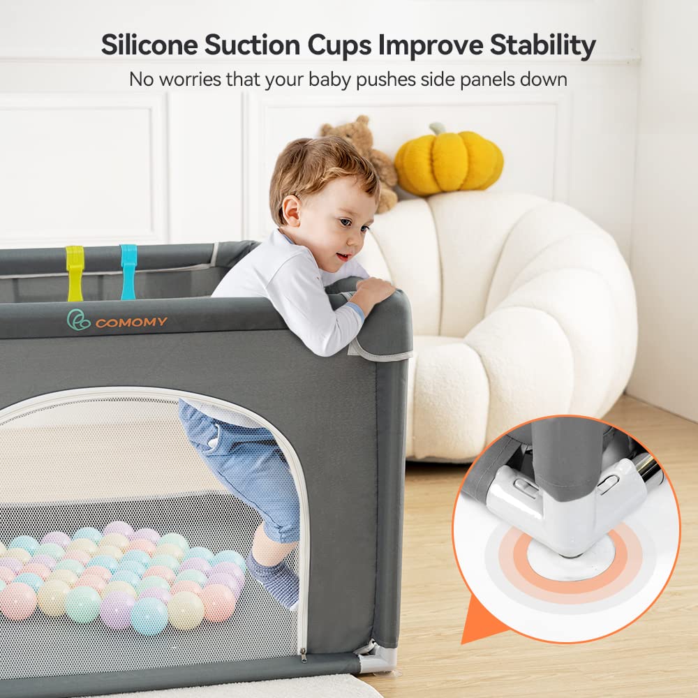 COMOMY playpen features a sturdy steel frame for long-lasting safety.
