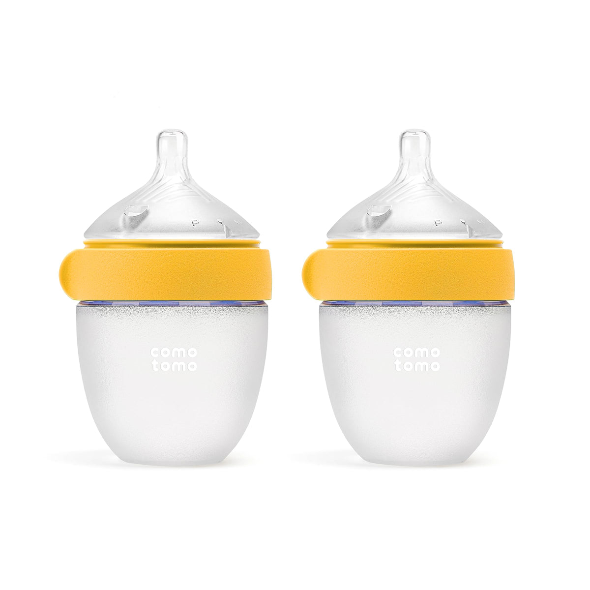 Comotomo Gen2 5oz bottle in yellow with true slow-flow nipple for calm feeding.