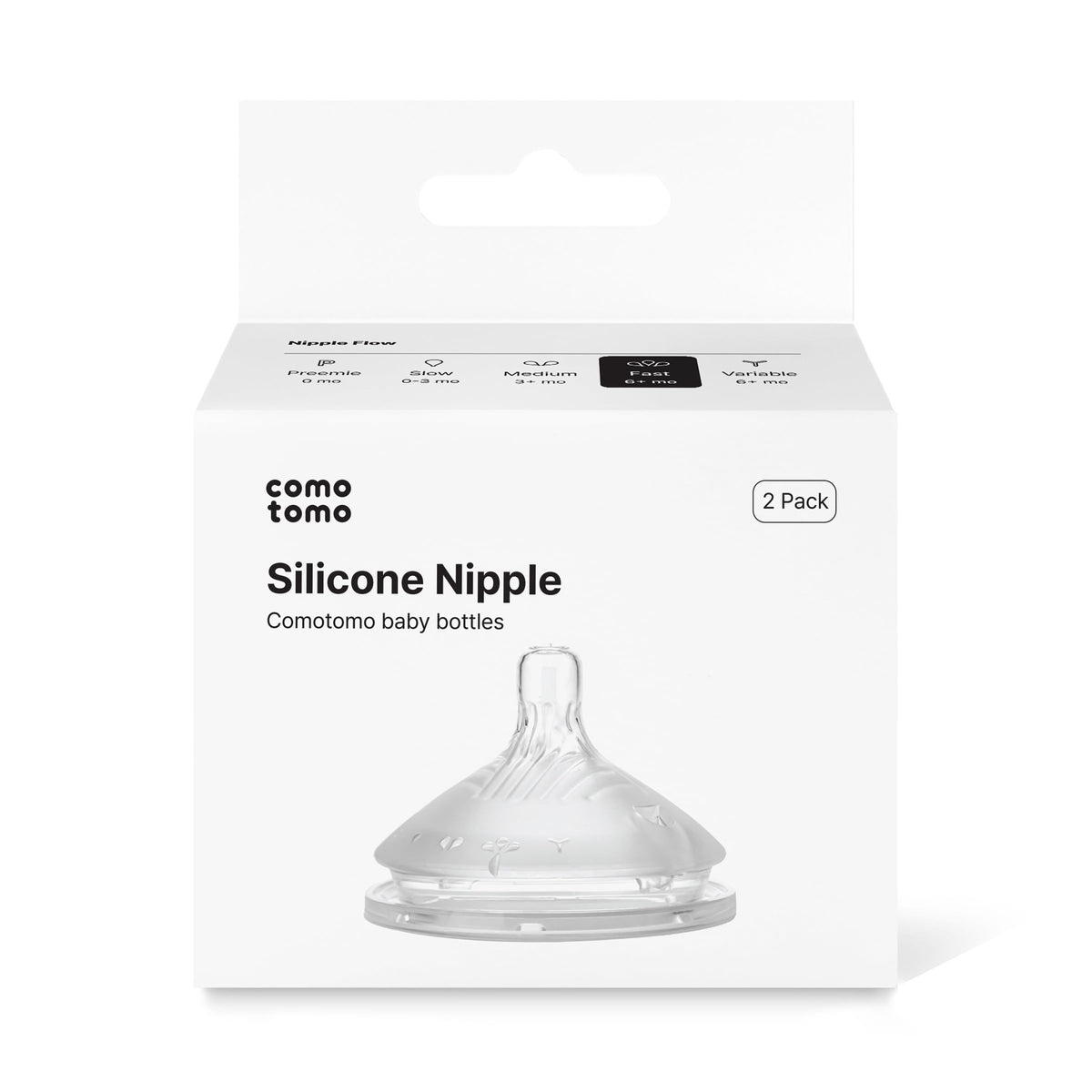 Comotomo Gen 2 fast flow nipple 2-pack front view supports growing appetites.