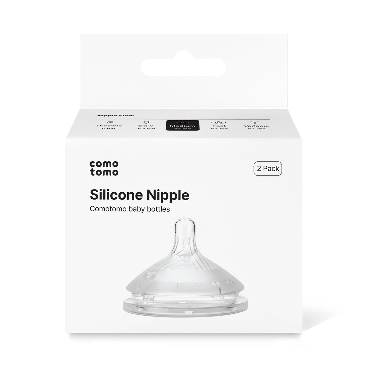 Comotomo Gen 2 nipple close-up in soft silicone for natural latch.