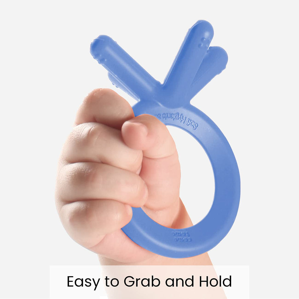 Comotomo teether blue with easy-grip design for secure grabbing.