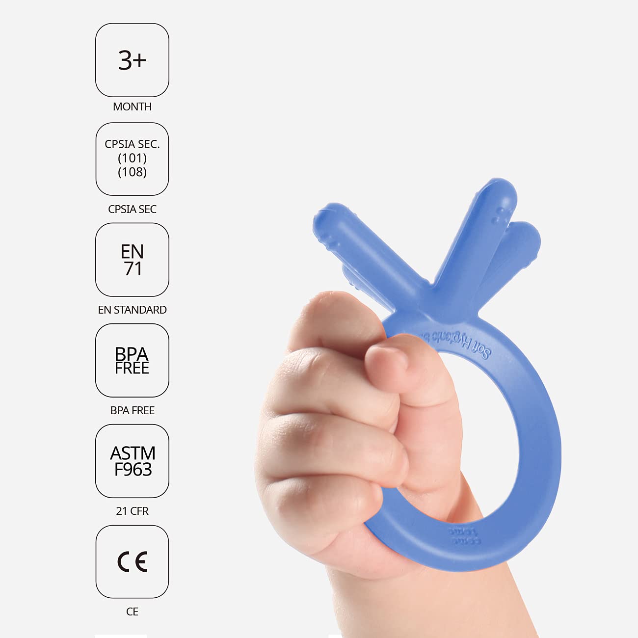 Comotomo teether blue, food-grade silicone for safe chewing.
