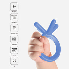 Comotomo teether blue, food-grade silicone for safe chewing.