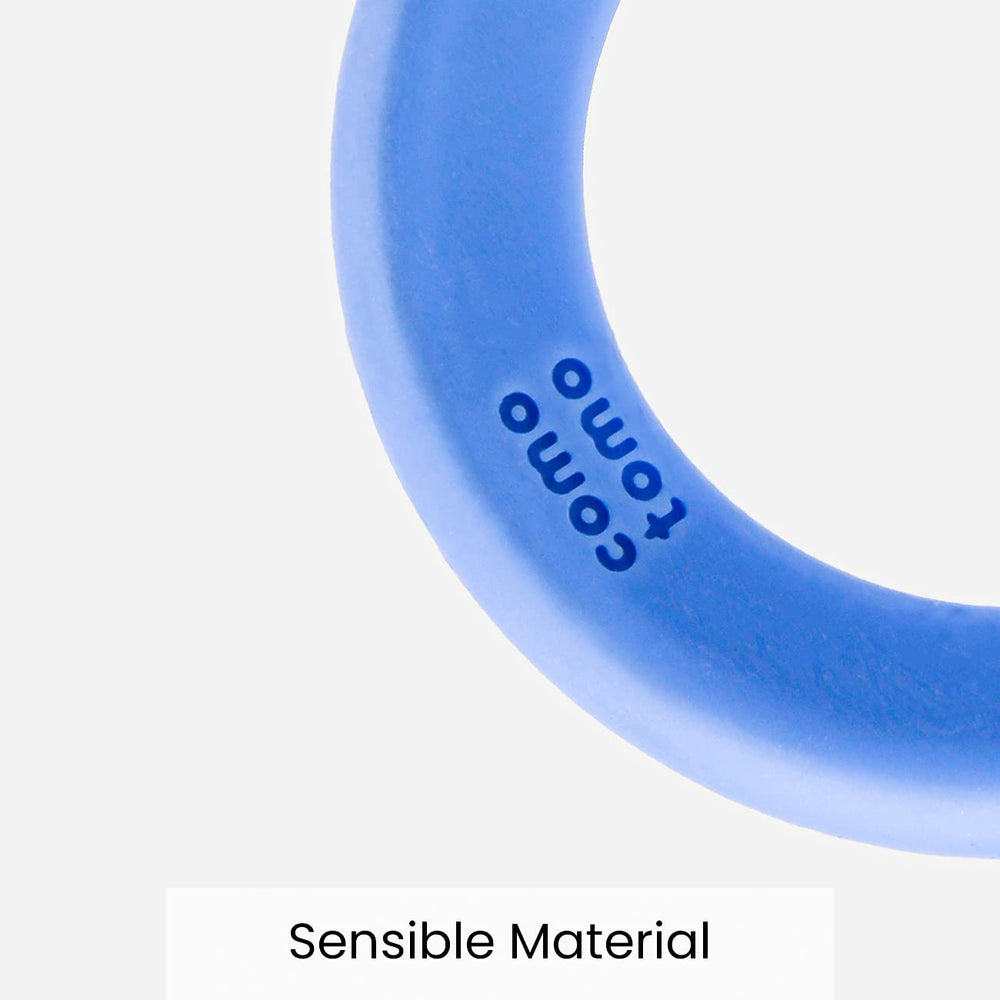 Comotomo teether blue heat-resistant silicone for durable use.