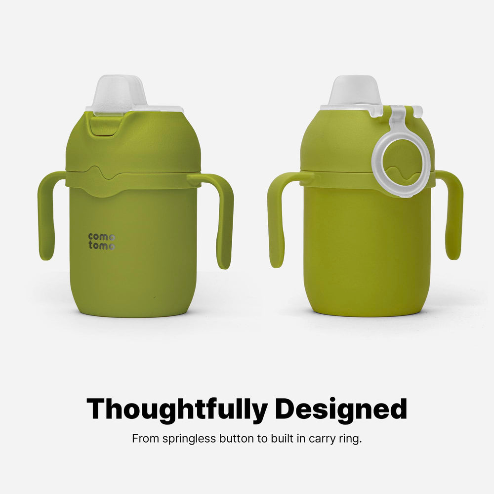 Comotomo Tumbler Green self orienting handles fit little hands comfortably