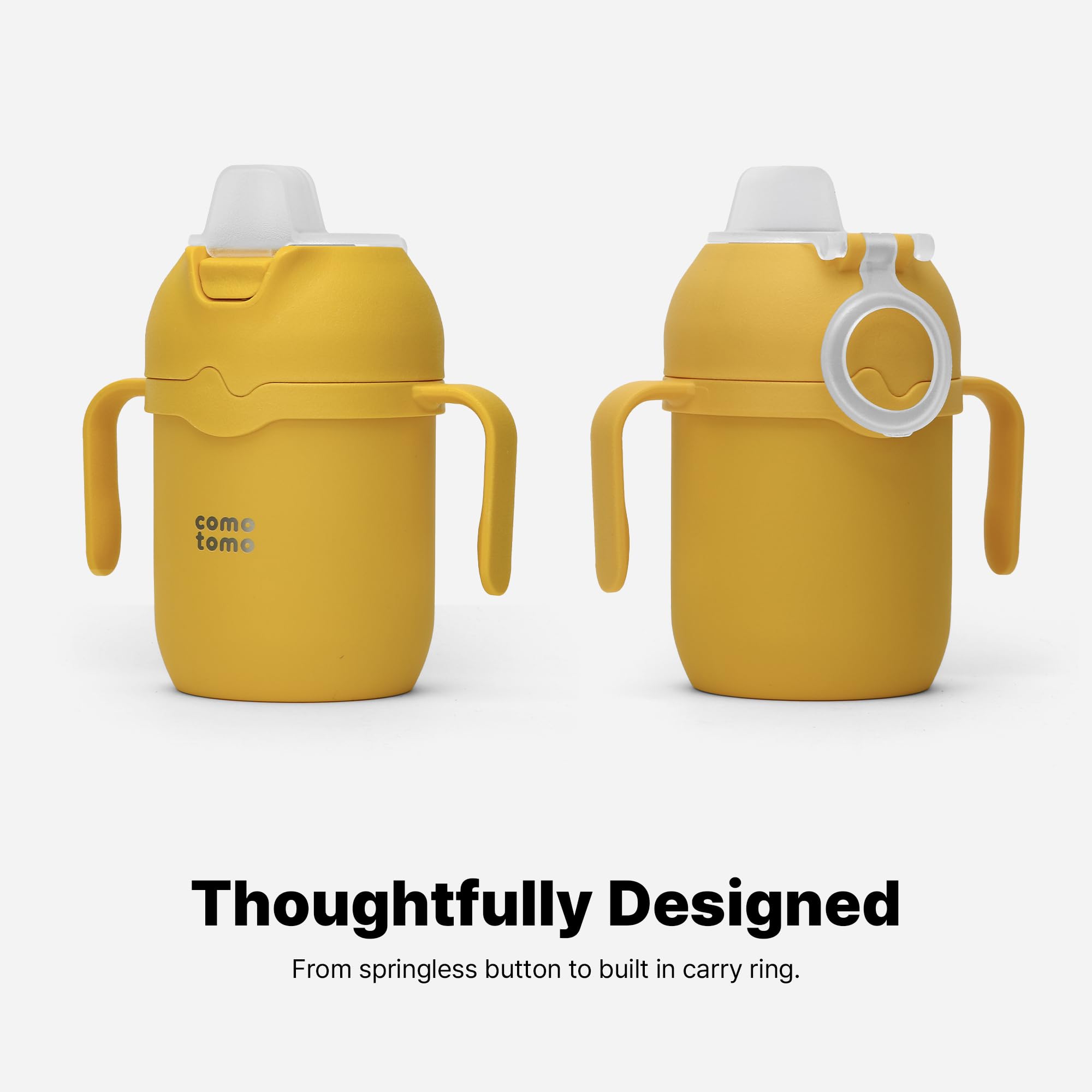 Comotomo Toddler Tumbler yellow leak-proof design helps prevent spills during outings.