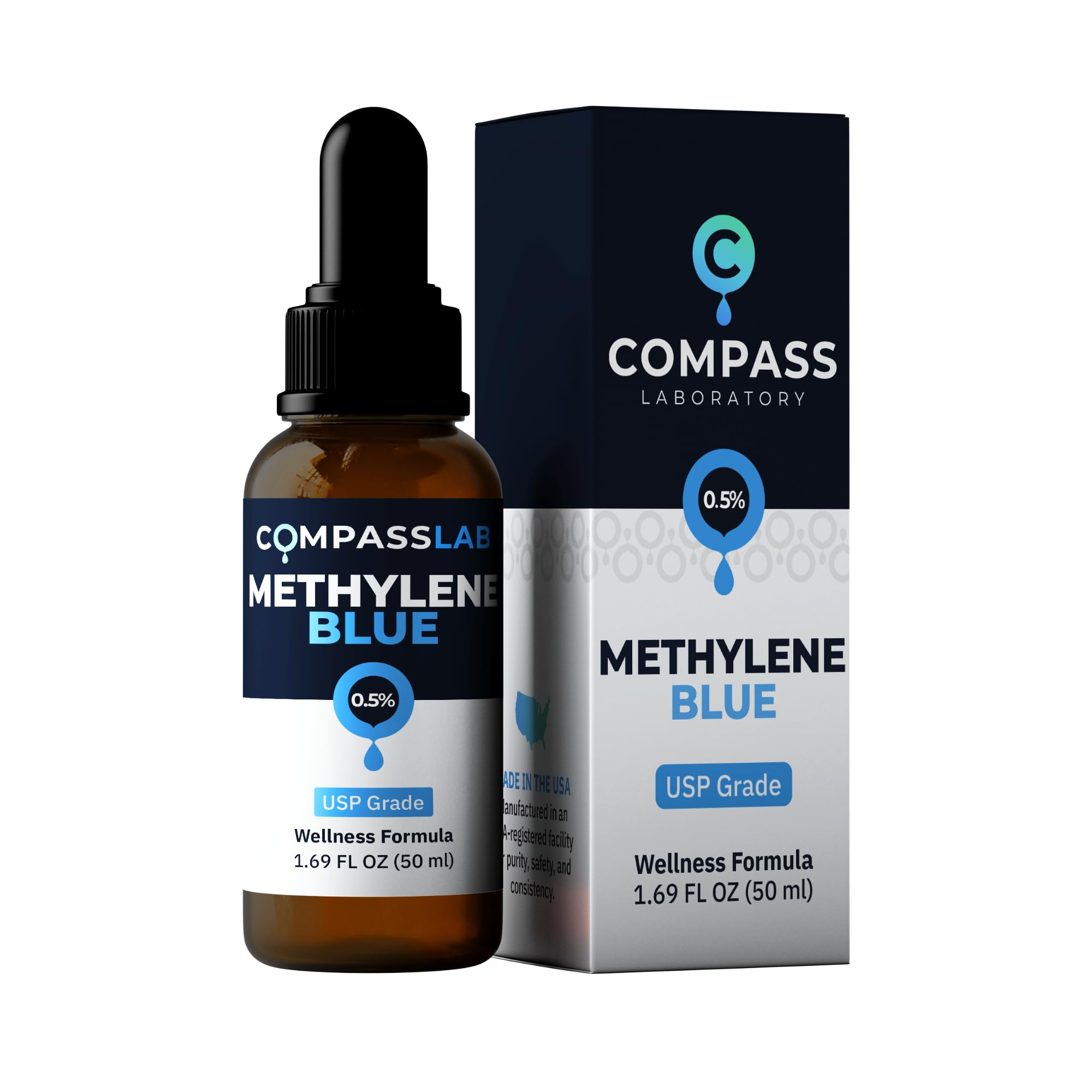 Compass Laboratory Methylene Blue bottle with drops shows precise dosing for convenient use.