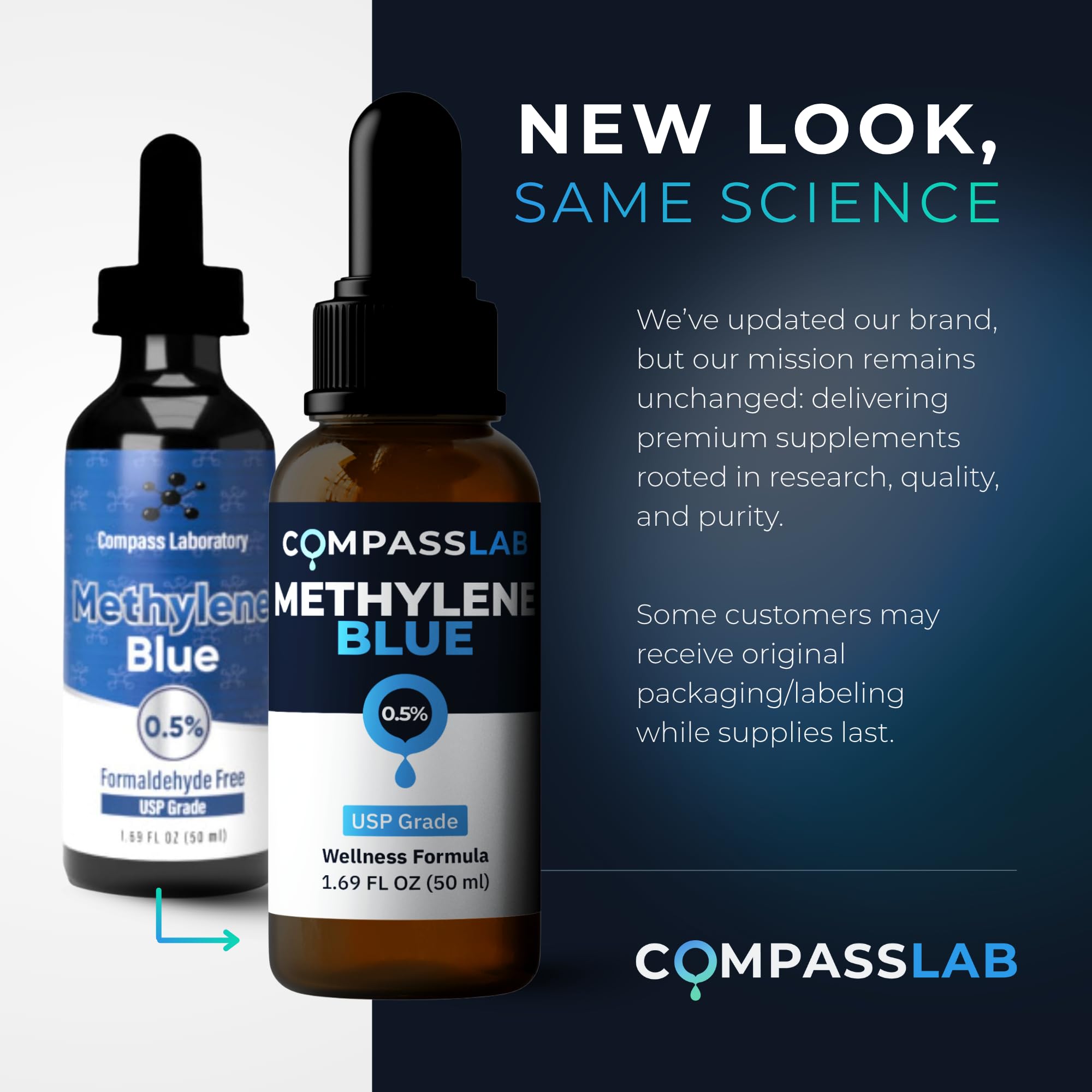 Compass Laboratory Methylene Blue glass packaging preserves potency and avoids plastic interaction.