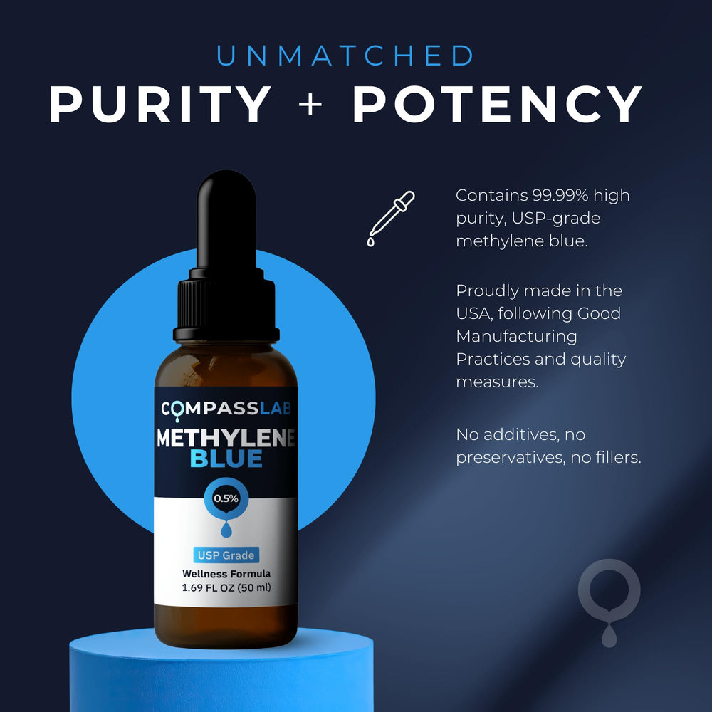 Compass Laboratory Methylene Blue glass bottle cap demonstrates secure, leak-free storage.