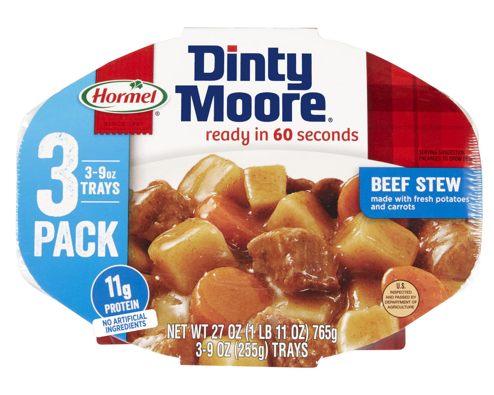 Compleats Dinty Moore Beef Stew three-pack cans ready for pantry meals