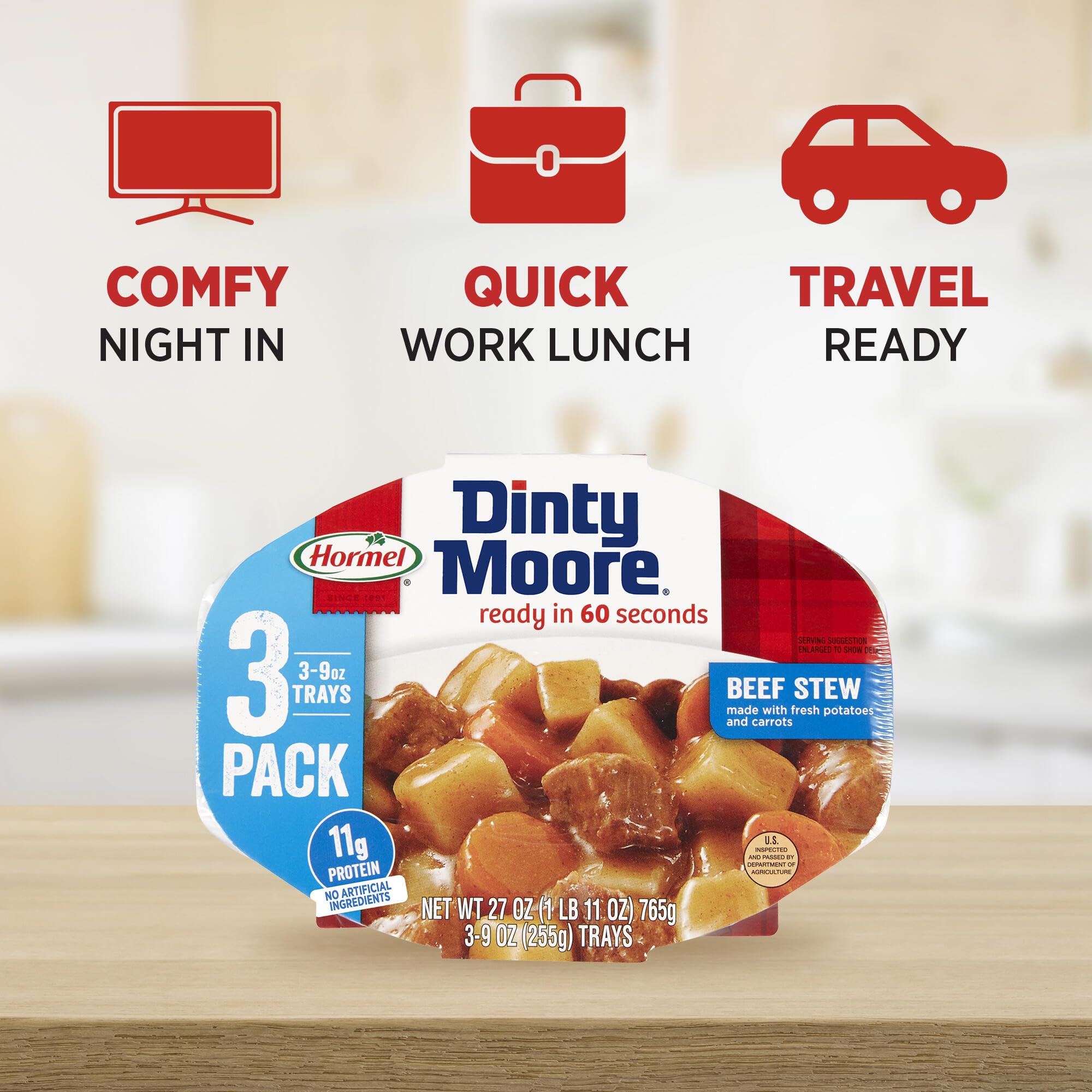 Three-pack Compleats Dinty Moore Beef Stew packaging on a countertop