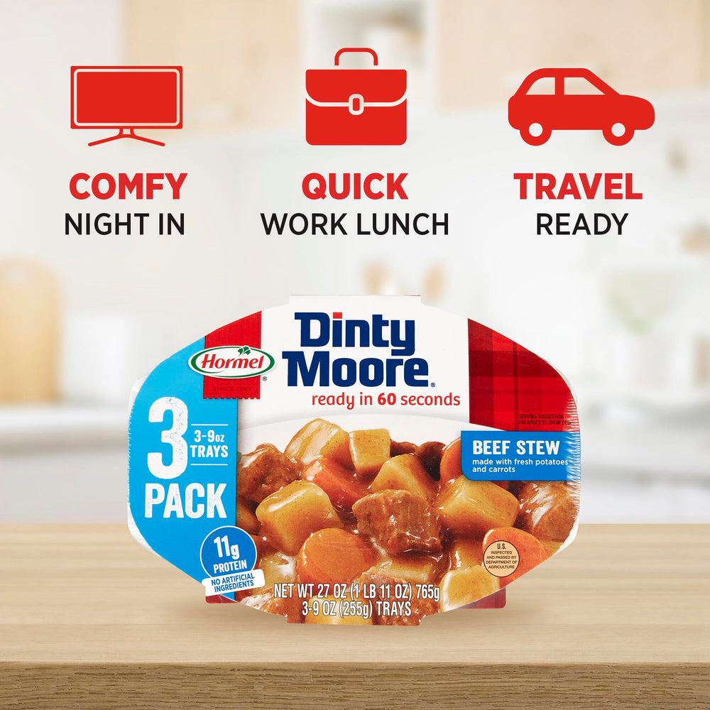 Three-pack Compleats Dinty Moore Beef Stew packaging on a countertop